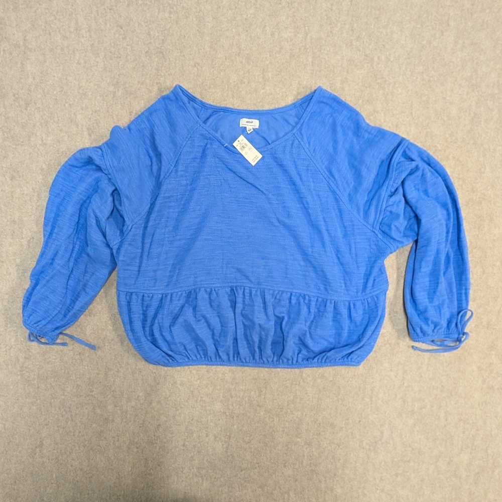 *NWT Aerie Blue Peasant Blouse w/ Ties, Puff Sleeves & Elastic Waist Sz Womens L